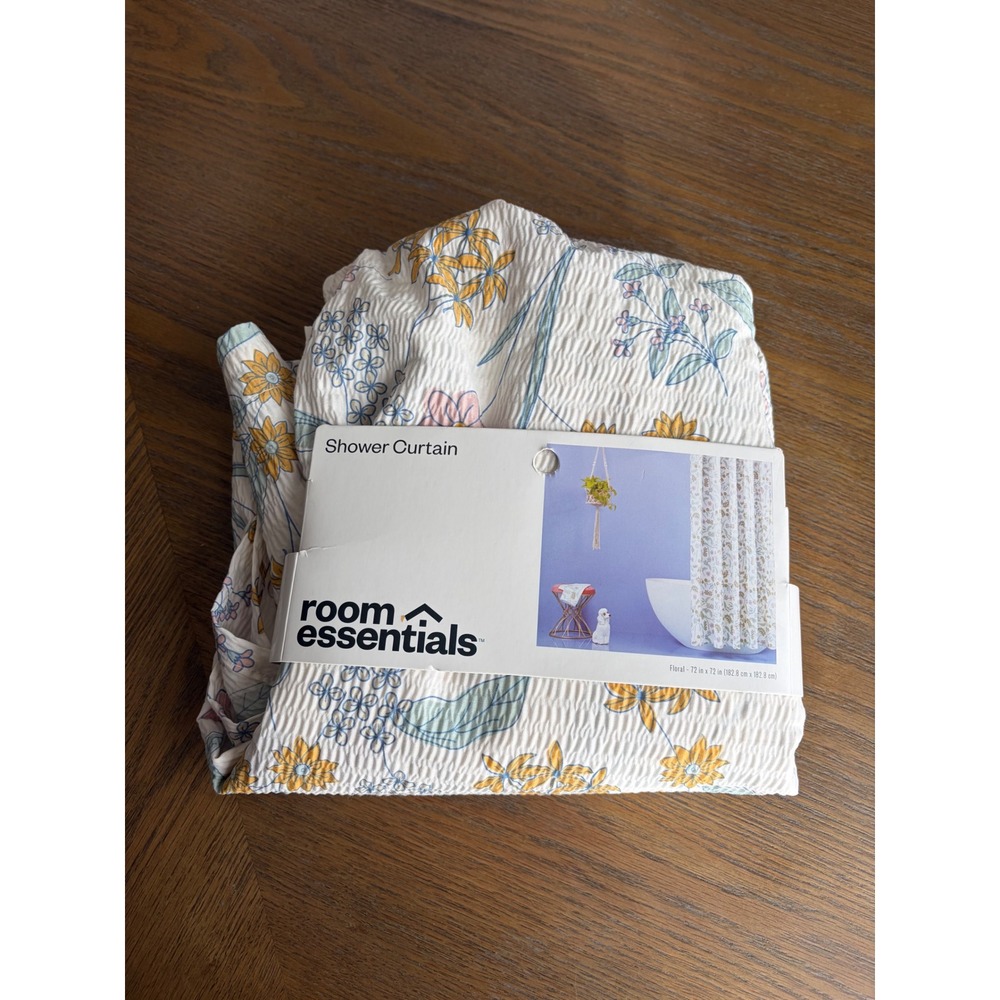 Room Essentials Floral Shower Curtain 72x72 White Yellow Blue Seersucker New